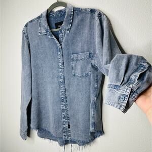 Rails Blue Acid Wash Ingrid Denim Button Collared Raw Hem Long Sleeve Shirt L